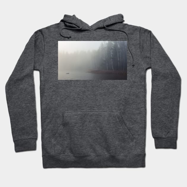 Foggy lake and forest Hoodie by Juhku